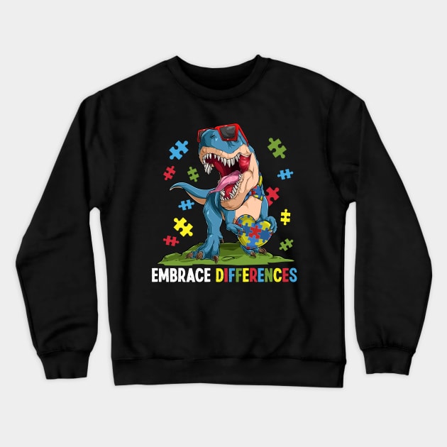Embrace Differences Autism Awareness Dinosaur Puzzle Crewneck Sweatshirt by peskyrubeus